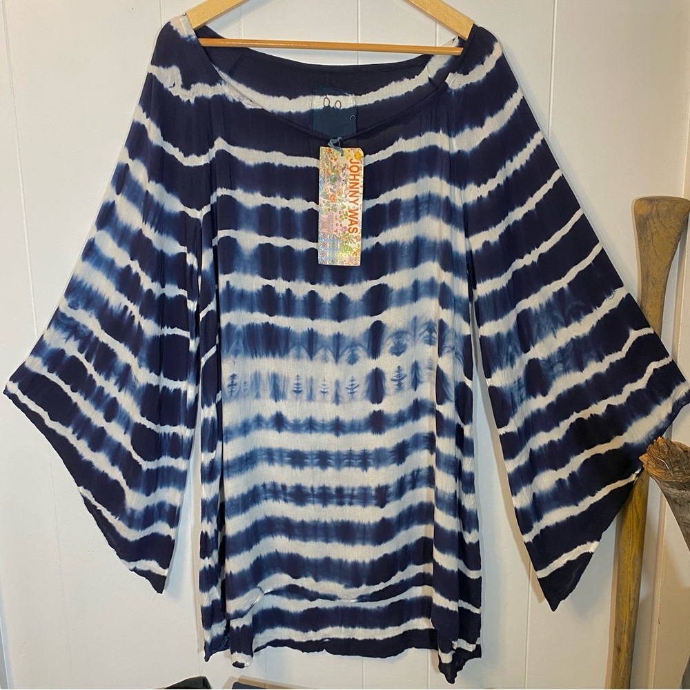 NWT Johnny Was Baillon Tunic Tie Dye Stripe Dress Blue Bell Sleeves PG2003-417